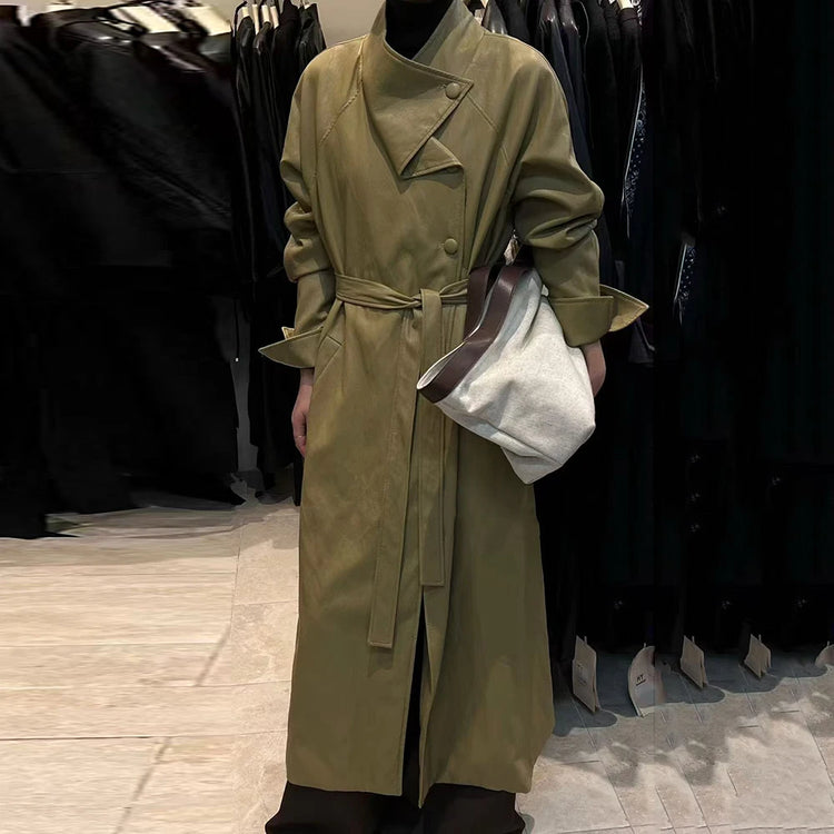 Asymmetric-Collar Tie-Waist Trench Coat