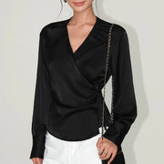 Glossy Tie-Waist Wrap Blouse