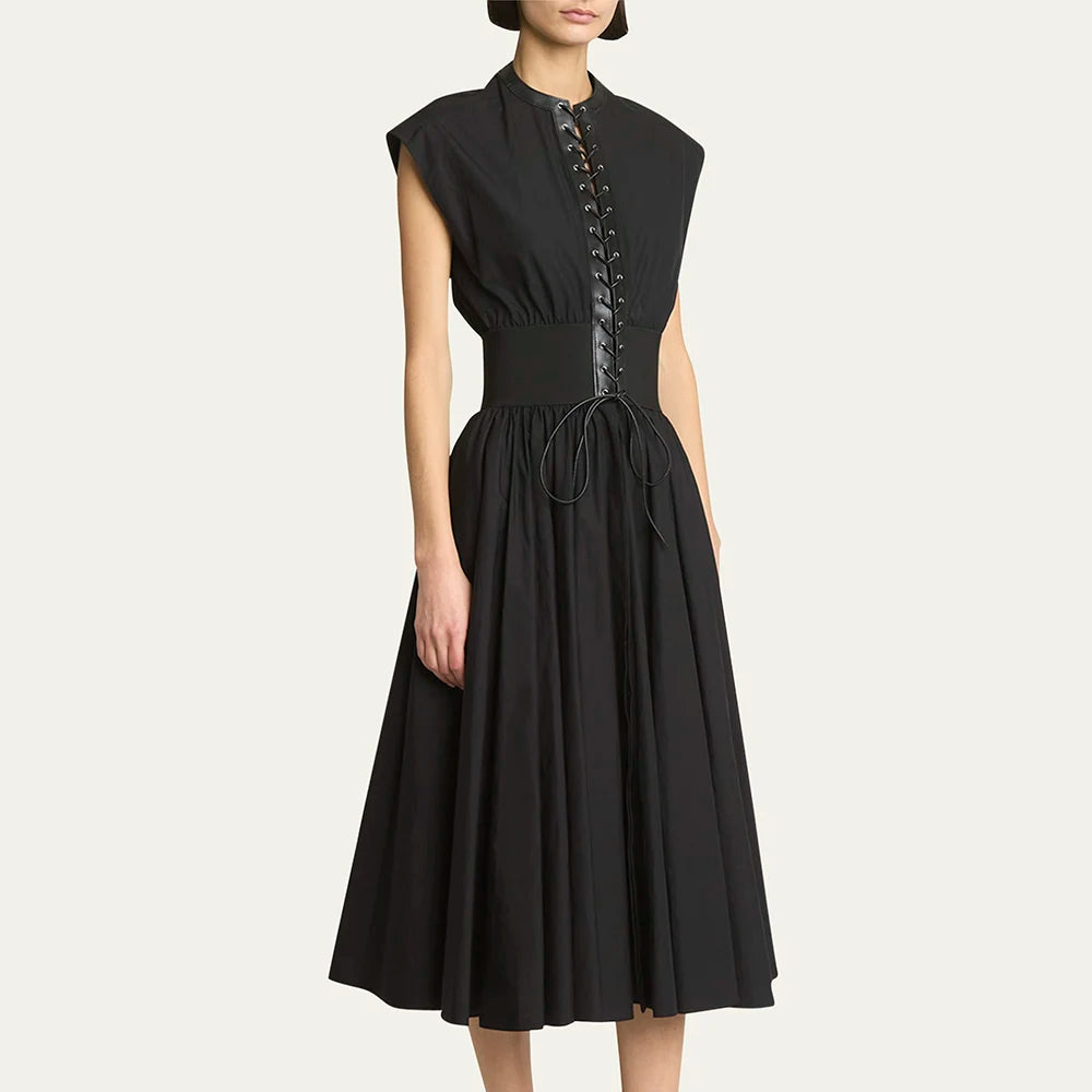 Lace-Up Sleeveless Pleated Dress