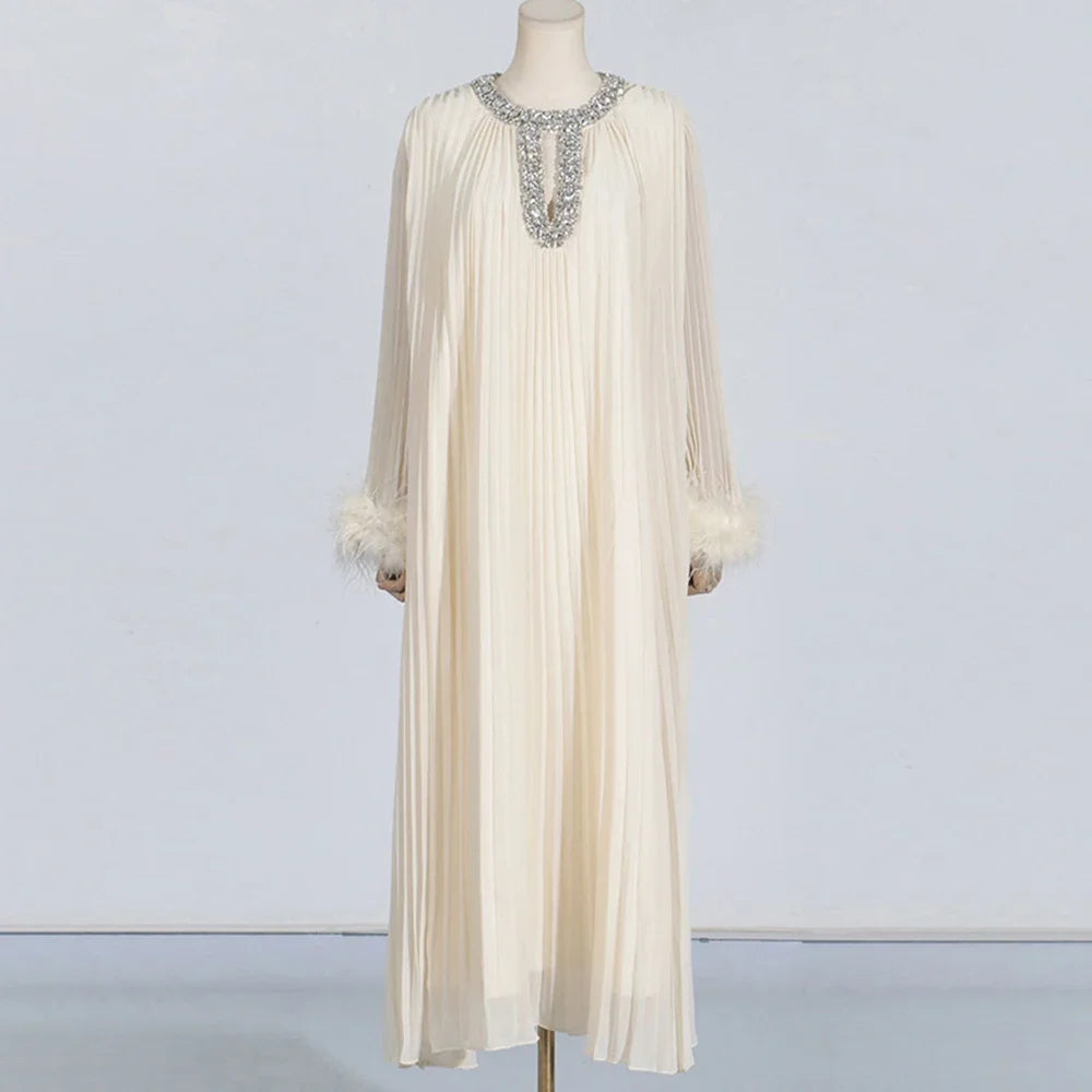 Embellished-Neck Pleated Long Dress