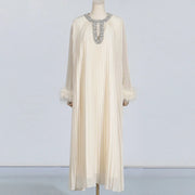 Embellished-Neck Pleated Long Dress