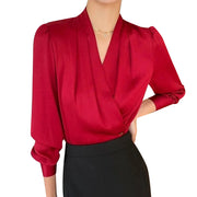 Draped V-Neck Long-Sleeve Blouse