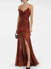 Ruffled Ruched Split-Hem Dress