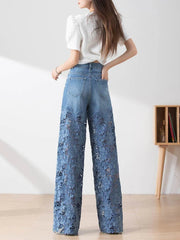 Lace-Panel Wide-Leg Jeans