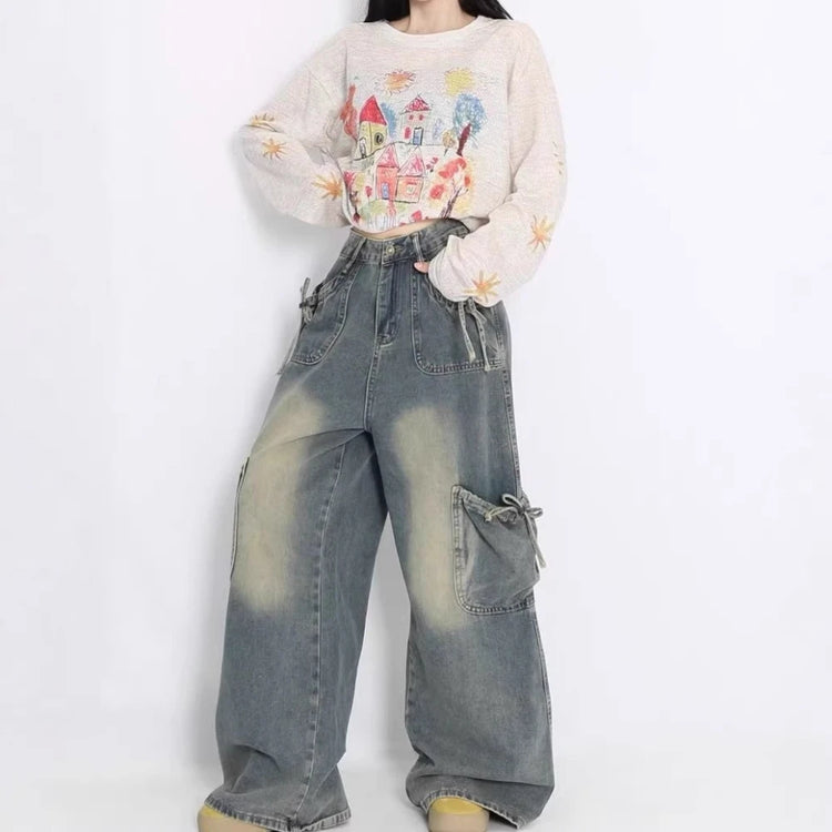 Bow-Pocket Wide-Leg Jeans
