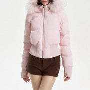 Fluffy-Collar Zip-Up Puffer Jacket