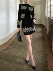 TWOTWINSTYLE Black Spliced Beads Two Piece Set Female O Neck Long Sleeve Jacket French Luxury Women's Short Skirt Set Autumn New