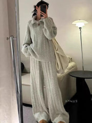 TWOTWINSTYLE Beige Spliced Zipper Two Piece Set Female Turtleneck Long Sleeve Coat Basics Women's Trousers Sets Clothing Style