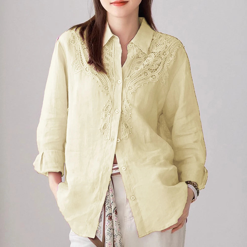 Lace-Trim Collared Button Shirt