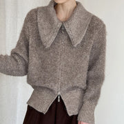Wide-Collar Zip-Up Cardigan