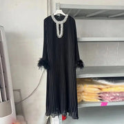 Embellished-Neck Pleated Long Dress