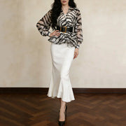 TWOTWINSTYLE Leopard Sheer Two Piece Sets for Women V Neck Long Sleeves Spliced Belt Top Sleeveless Slimming Dress Set Female