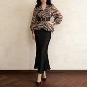 TWOTWINSTYLE Leopard Sheer Two Piece Sets for Women V Neck Long Sleeves Spliced Belt Top Sleeveless Slimming Dress Set Female