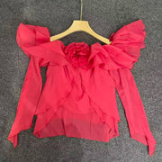 Rosette Off-Shoulder Ruffle Blouse