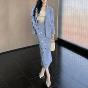TWOTWINSTYLE Solid Spliced Diamond Two Piece Set Female Lapel Long Sleeve Jacket Office Lady Women's Skirt Set Autumn Fashion
