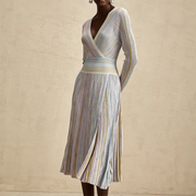 Striped V-Neck Long-Sleeve Dress