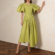 Ruched Puff-Sleeve Midi Dress