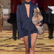 Pinstriped Deep-V Fitted Blazer