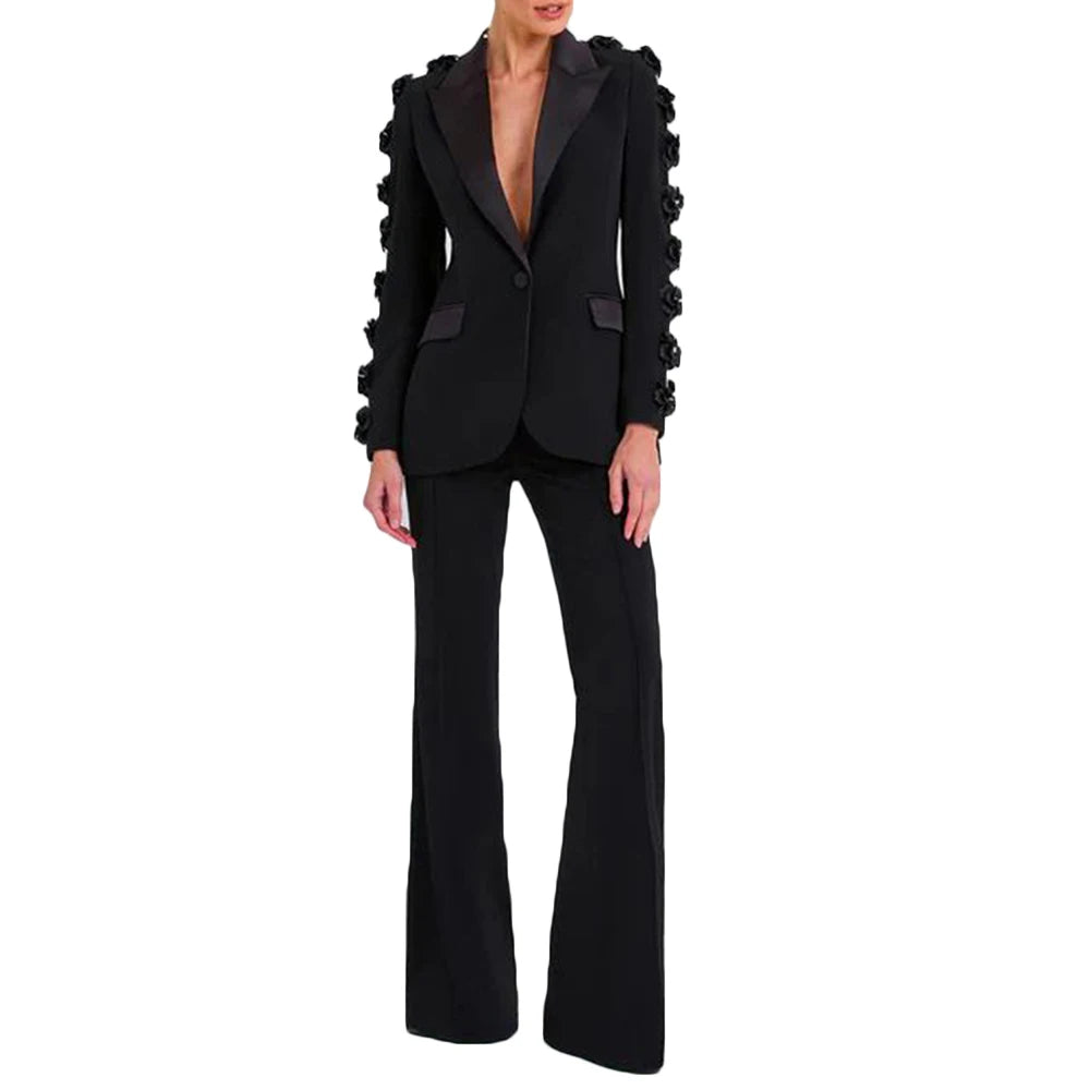 Applique Blazer and Flared Pants Set