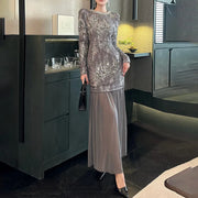 Sequin-Panel Long-Sleeve Dress
