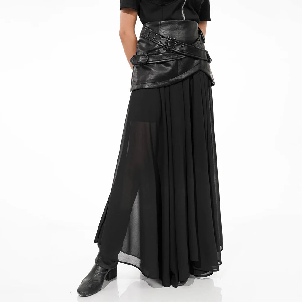 Pleated Sheer-Panel Maxi Skirt