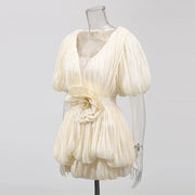 Rosette Puff-Sleeve Mini Dress