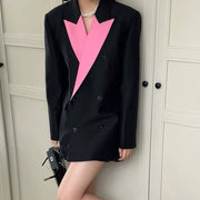Contrast-Lapel Double-Breasted Blazer