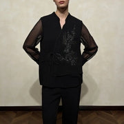 Sheer-Sleeve Floral Tie-Waist Blouse