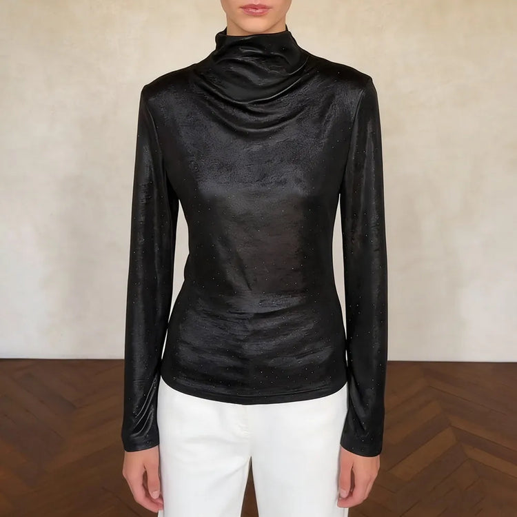 Draped High-Neck Long-Sleeve Top