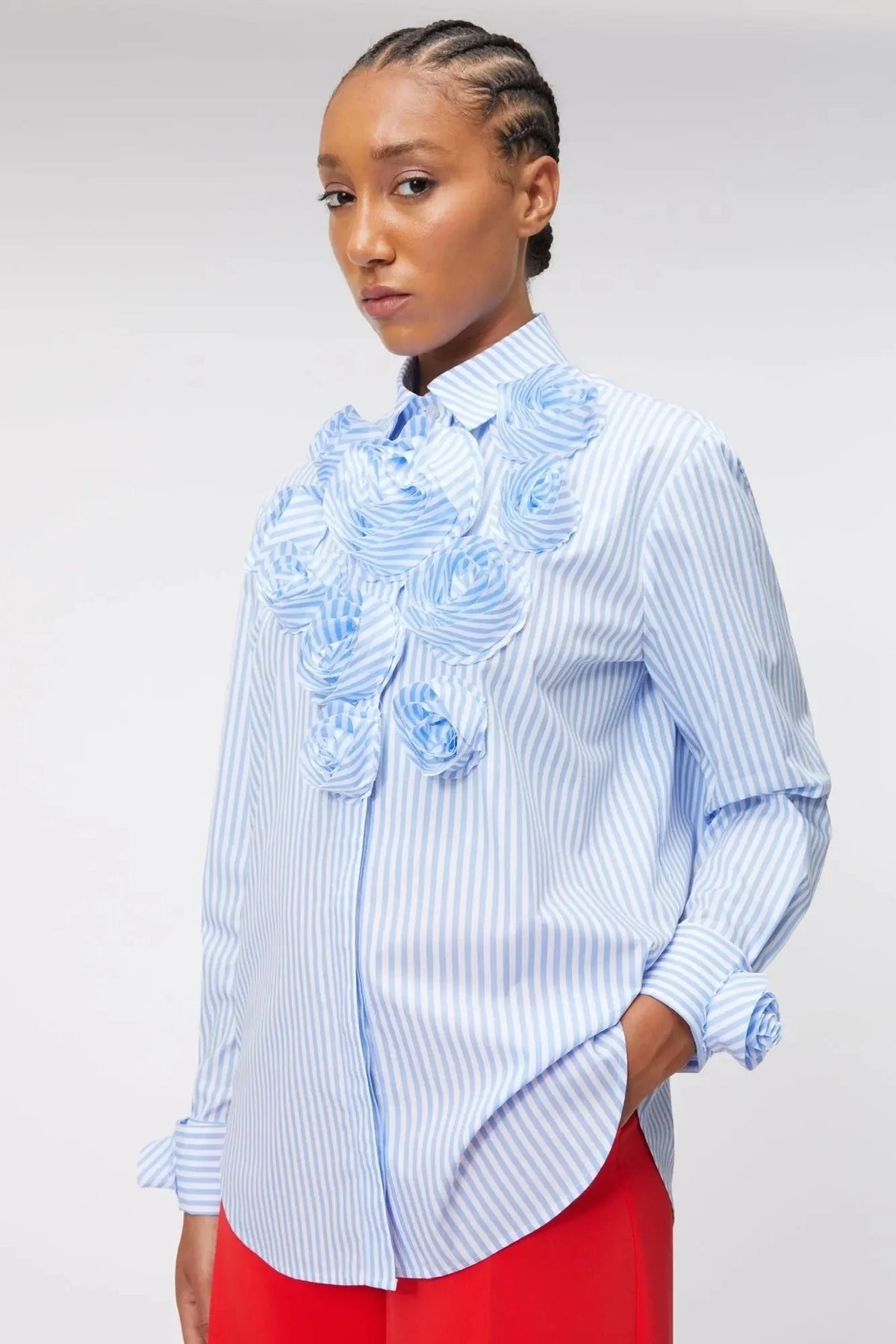 Rosette Striped Button-Up Shirt