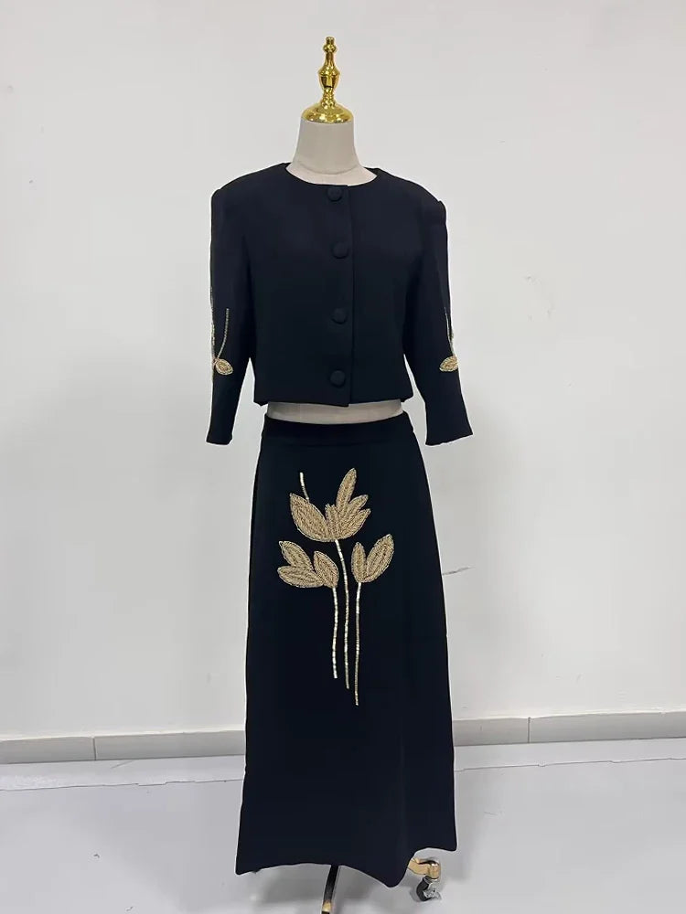 Floral-Embellished Jacket and Skirt Set