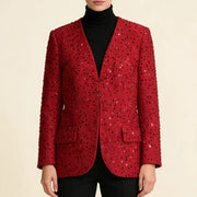 Embellished Collarless Open-Front Jacket