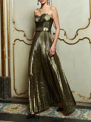 Metallic-Look Pleated Strap Dress