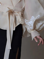 Tie-Front Balloon-Sleeve Blouse