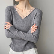 Sheer-Trim V-Neck Top
