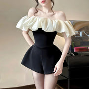 Contrast-Ruffle Off-Shoulder Romper