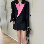 Contrast-Lapel Double-Breasted Blazer
