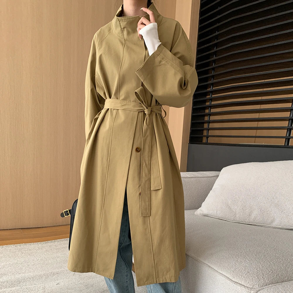 Stand-Collar Long Trench Coat