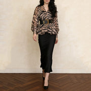 TWOTWINSTYLE Leopard Sheer Two Piece Sets for Women V Neck Long Sleeves Spliced Belt Top Sleeveless Slimming Dress Set Female