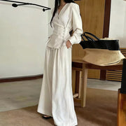 TWOTWINSTYLE Solid Spliced Folds Two Piece Set Female V Neck Long Sleeve Jacket Office Commute Women's Trousers Set Fashion New
