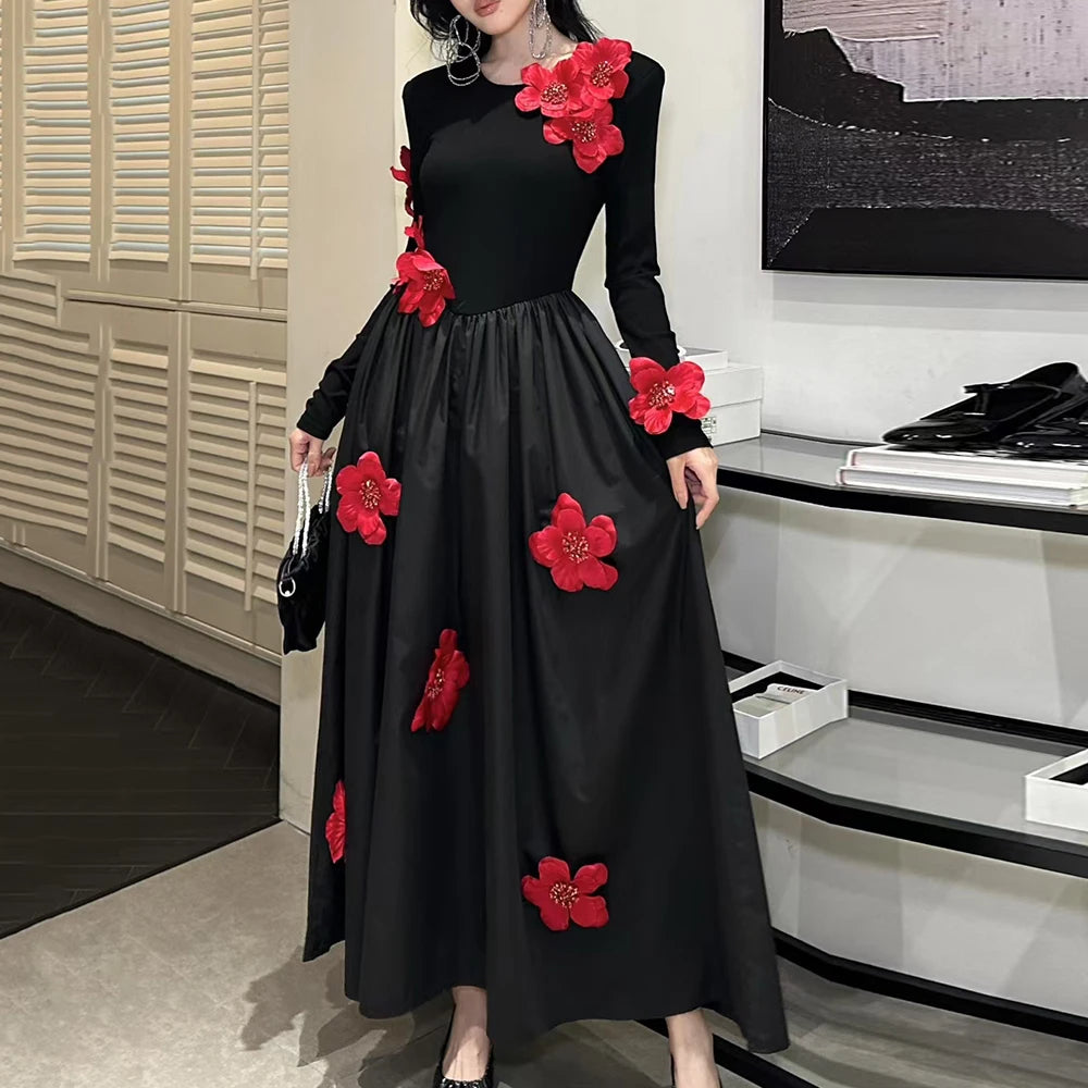 Floral Applique Long-Sleeve Dress