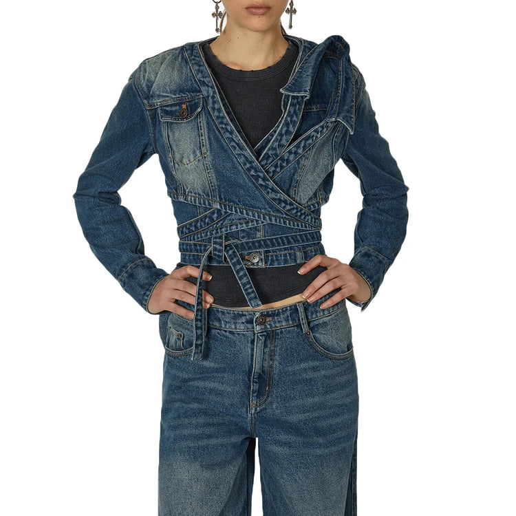 Asymmetric Wrap-Front Cropped Jacket