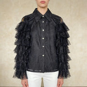 Tiered Ruffle-Sleeve Lace Shirt