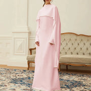 Cape-Overlay Long-Sleeve Long Dress
