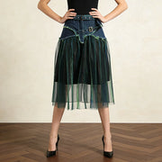 Sheer-Overlay Contrast-Panel Skirt