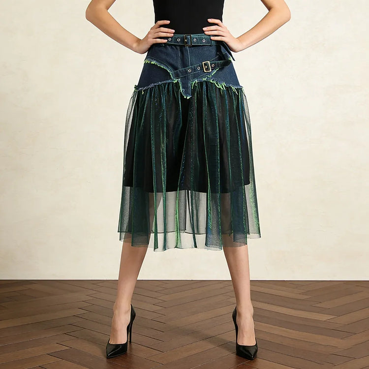 Sheer-Overlay Contrast-Panel Skirt