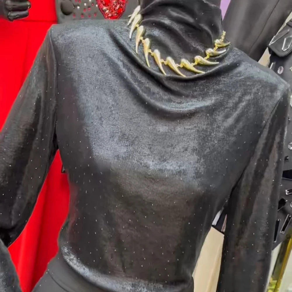 Draped High-Neck Long-Sleeve Top