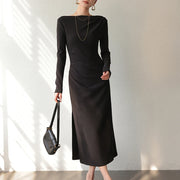 Asymmetric-Neck Long-Sleeve Midi Dress