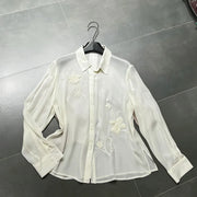 Floral-Detail Sheer Button Shirt