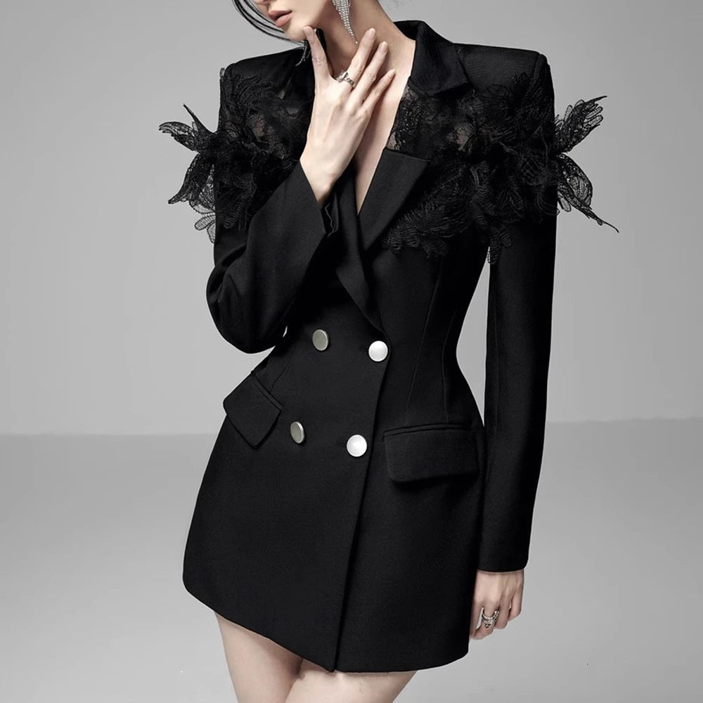 Lace-Collar Double-Breasted Blazer